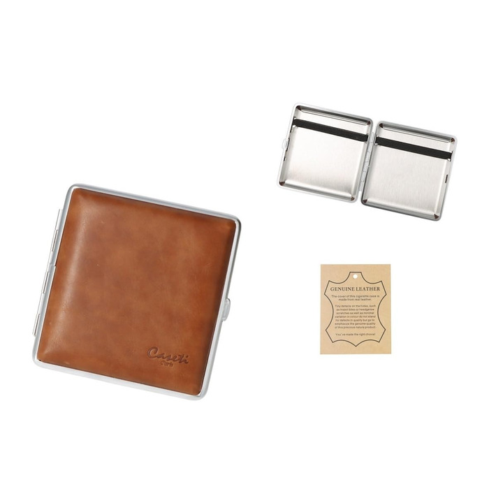 Leather cigarette case, 9.5 x 8.5 x 2 cm, for 20 cigarettes with elastic band (Light Brown)