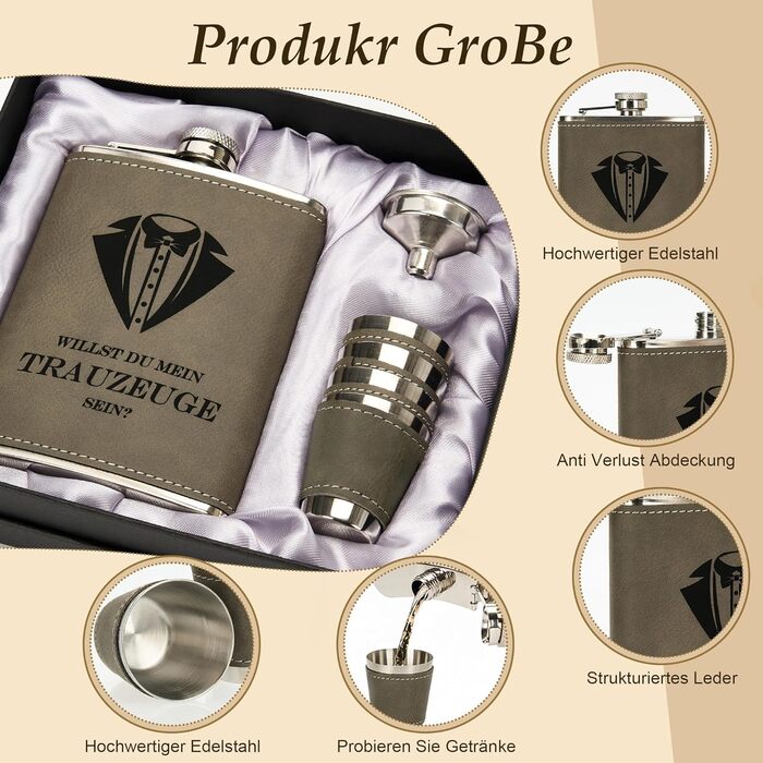 Персоналізований набір фляг 8oz з гравіюванням – фляга з нержавіючої сталі, 4 склянки, воронка та подарункова коробка для дружби, подарунок на весілля для чоловіків та жінок, сірий колір