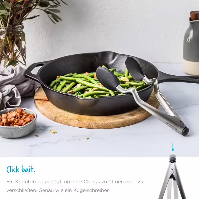 Dreamfarm CLONGS Kitchen Tongs - Stainless Steel and Silicone | 23 cm | Tongs for the Kitchen with Closure | For Resting and Placing on Surfaces or in the Pan | Dishwasher Safe | Heat Resistant up to 260°C