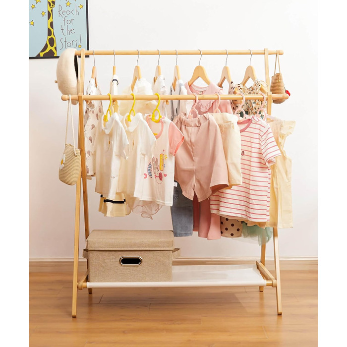 Дитяча вішалка для одягу Yorbay з бамбука, регульована подвійна штанга, з полицями для зберігання, економія місця, натуральний колір