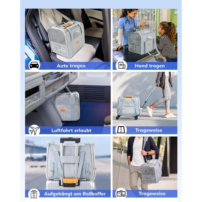 Транспортна переноска для котів та цуценят Morpilot до 5 кг з роликами та trolley, сіра