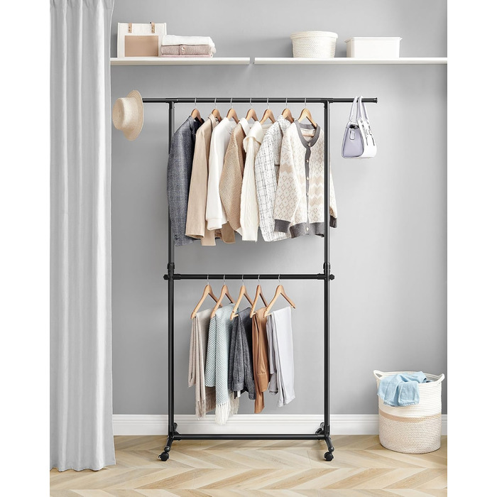 Вішалка для одягу SONGMICS LLR401B01 з 2 штангами, чорна, на колесах, регульована висота 113-180 см