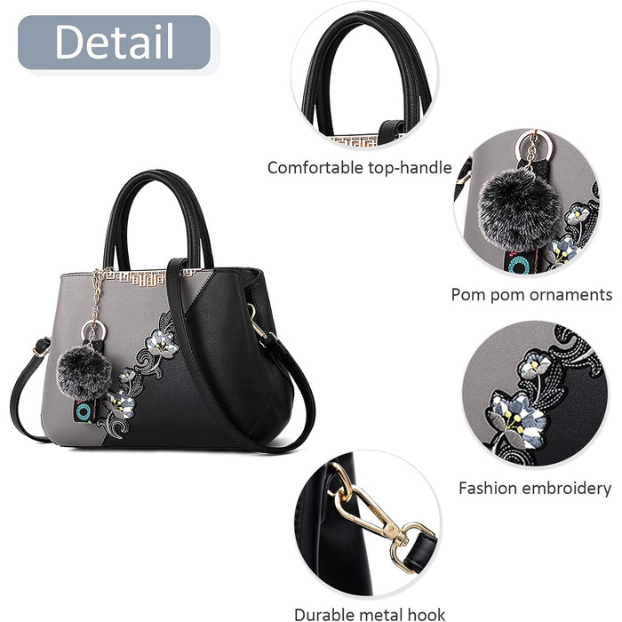 Сумка жіноча DIRRONA велика – сумка через плече та шопер з квітковою вишивкою та помпонами, ідеальна для роботи, відпочинку, подорожей, офісу, вечірок та весіль, колір сірий