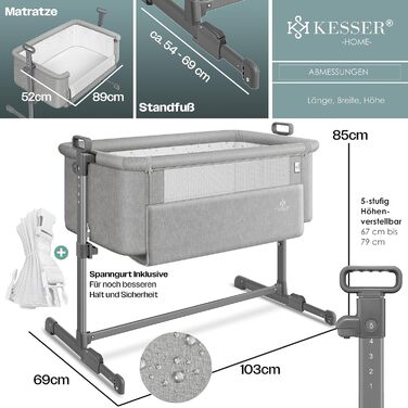 KESSER® Hubi 3in1 Bedside Bed, Travel Bed, Baby Bed with Soft Mattress, Mobile Bed, 5-Level Height Adjustment, Foldable Side Rail for Home and On the Go, Light Grey