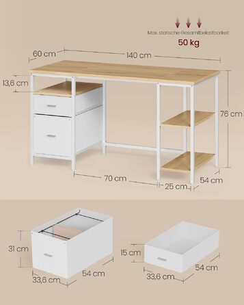 Комп'ютерний стіл VASAGLE з 3 полицями та 2 шухлядами, 160 x 60 x 76 см, колір: натуральний дуб та перламутровий білий