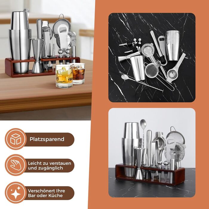 Набір для коктейлів Sosayet, нержавіюча сталь, з аксесуарами та рецептами, 750 мл, для початківців та професіоналів, подарунок для чоловіків (з підставкою)