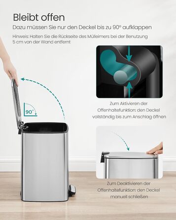 Відро для сміття SONGMICS 20 л з педаллю, сталеве, з внутрішнім відром, Soft-Close, металік срібло