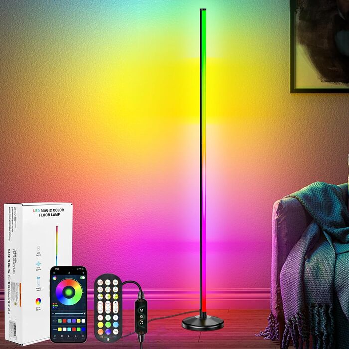 LED торшер для вітальні 145 см RGB, диммування, керування пультом/APP, 16 млн кольорів, 300 режимів, музичний режим, DIY, чорний