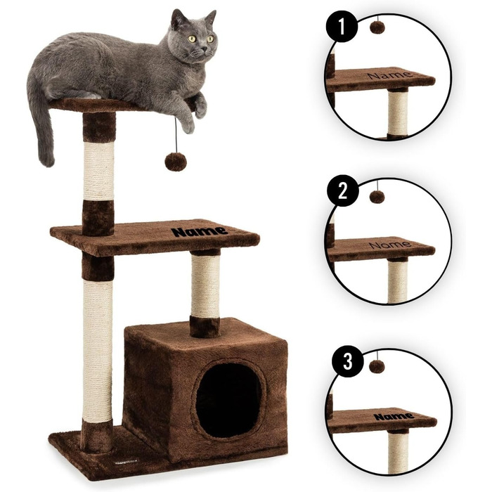 Lionto Scratching Post for Cats with Cave and Plush Ball incl. Bell, Height 85 cm, Cat Tree with Sisal & Plush, Cozy Lying Areas & Cave, Suitable for Small & Large Cats, (Brown (with nameplate))