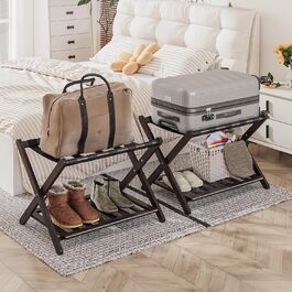 Fully assembled bamboo luggage rack with 5 straps, 2-tier foldable suitcase stand, wide wooden luggage rack, foldable luggage shelves, ideal for guest rooms, bedrooms, hotels, (2-pack brown bamboo)