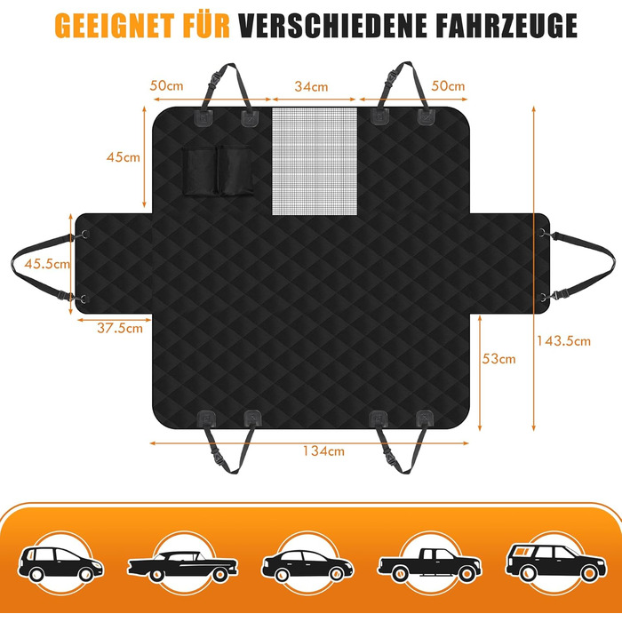 Накладка на сидіння автомобіля для собак Caliyo, 143.5x134 см, чорна. Захист заднього сидіння, водовідштовхувальна, анти-царапин, з боковими захистами та віконцем. Універсальна.