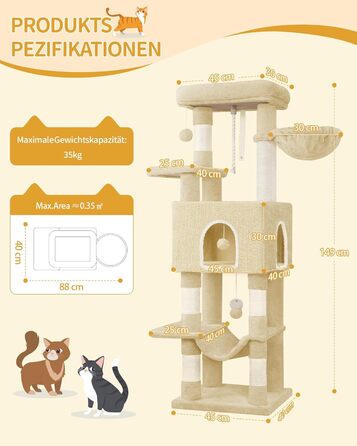 Дерев'яний будиночок для котів Hzuaneri Kratzbaum, 149 см, з 5 стовпчиками для шліфування, платформами, затишною печерею, багатоповерховий центр активності для котів, помпонами, бежевий (MS14918LG)