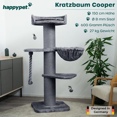 HAPPYPET Преміум Дряпка для котів 'Купер' – 150 см, велика, для Мейн-кун, з сизалю, товсті стовпи (сірий)