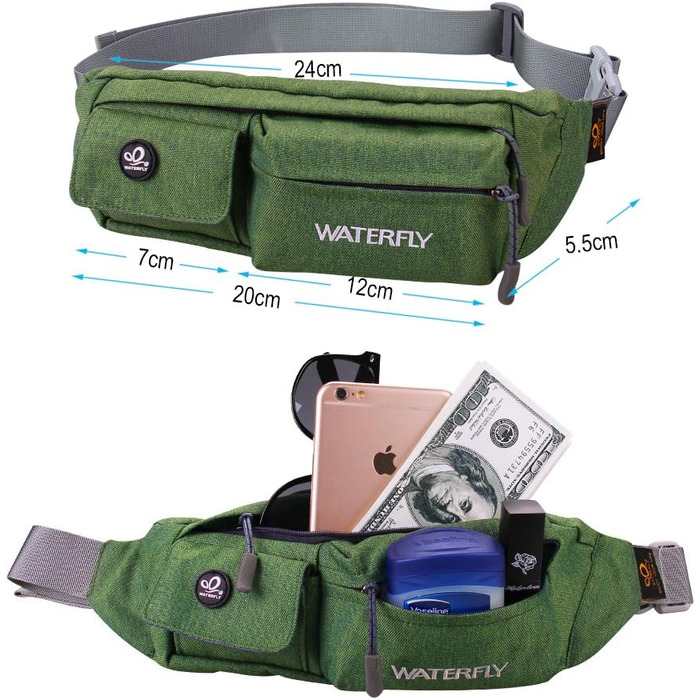 WATERFLY Поясна сумка на пояс для чоловіків та жінок: стильна сумка через плече для спорту, бігу, прогулянок з собакою, подорожей (Зелена)