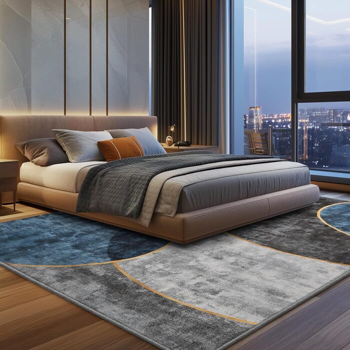 Килимок для вітальні Sour Lemon, великий 160x230 см, машинного прання, бохо-стиль, вінтажний, з антиковзаючою основою, блакитний геометричний дизайн