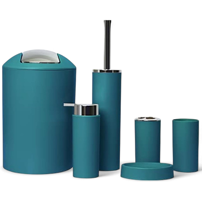 Комплект аксесуарів для ванної кімнати 6tlg Badset: органайзер, дозатор мила, стаканчик для зубної щітки, відро для косметики, щітка для унітазу з тримачем, мильниця, сміттєвий бак, тримач для зубних щіток, повна ванна кімнатна гарнітура (темно-бірюзовий 