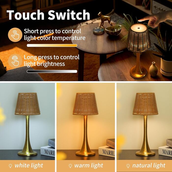 Зовнішня LED-лампа Mr. White: вологостійка, акумуляторна, з регулюванням яскравості, торкання, з абажуром з ротангу (золота)