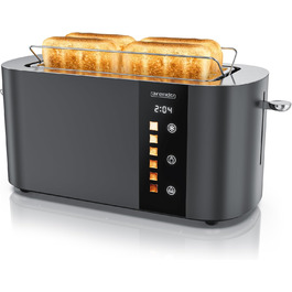 Тостер Arendo з нержавіючої сталі, 4 слоти, довгі прорізи, сенсорний екран, подвійні стінки, 1500 Вт, підставка для булочок, 6 рівнів підсмажування, центрування хліба, індикатор часу, пам'ять (B: Cool Grey)