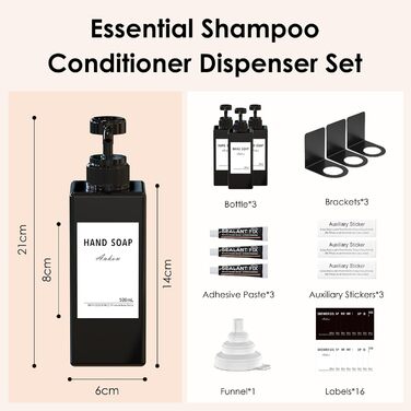 Настінний диспенсер для мила Anhow 3er PETG, 500 мл, чорний, без свердління, з 16 вологостійкими етикетками для кухні/ванної кімнати