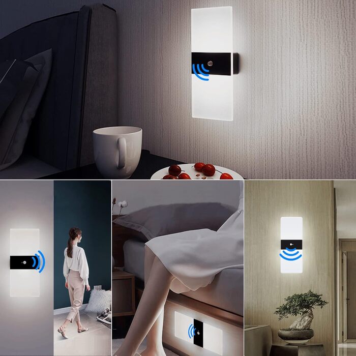 LED настінний світильник VOMI з датчиком руху, акумуляторний, бездротовий, USB зарядка, 4000mAh, для коридору та сходів, 2 білих світлодіодів, 6000K