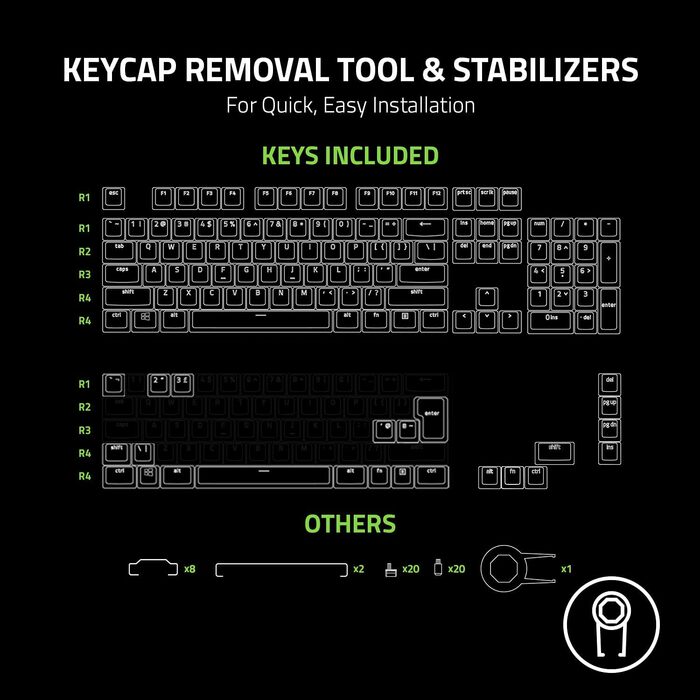Набір Razer для апгрейду клавіатури: PBT кейкапи, спіральний кабель, інструмент для зняття кейкапів та стабілізаторів. Сумісний з більшістю клавіатур. Класичний чорний, Phantom Keycap