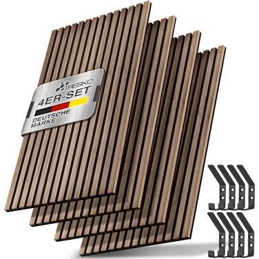 Акустичні панелі TRESKO з дерева 120×60x2,1 см, 3D ламельна стіна для шумоізоляції з вішалками для одягу, дуб натуральний (4 шт.)