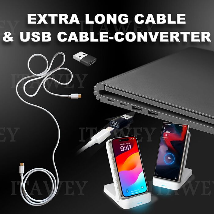 Бездротова зарядка 15W, складана, кабель 1.5м + USB-перехідник, сумісна з iPhone 15/14/13/12/11, Galaxy S25/S24/S23/S22/S21/S20/S10 та всіма Qi-телефонами, білий