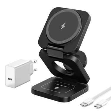 KU XIU Бездротова зарядна станція 3-в-1 MagSafe для iPhone 17/16/15/14/13/12, Apple Watch, AirPods. Складний зарядний пристрій для подорожей, чорний + адаптер