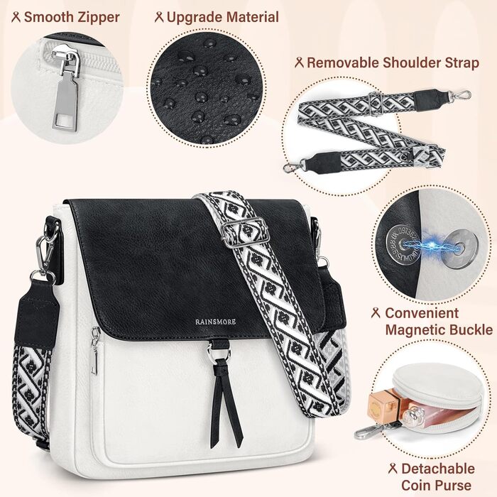 Сумка жіноча RAINSMORE середнього розміру через плече, шкірзам PU, чорно-біла з широким ременем