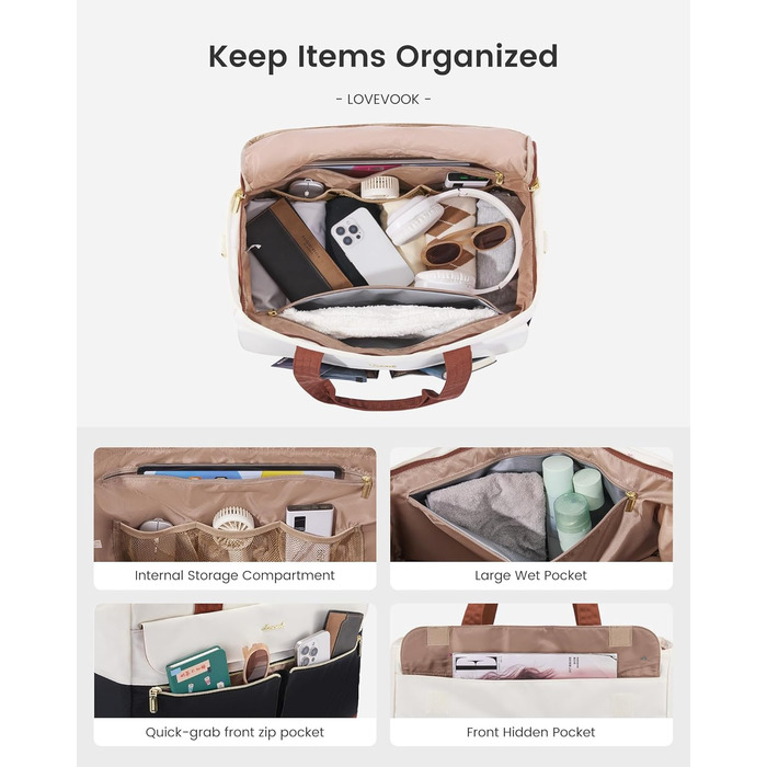 Сумка-валіза LOVEVOOK для жінок, 45л: валіза-рюкзак, сумка для подорожей, спортивна сумка, сумка для вихідної поїздки, клінічна/лікарняна сумка з відділенням для взуття та мокрих речей (чорний+бежевий+коричневий)