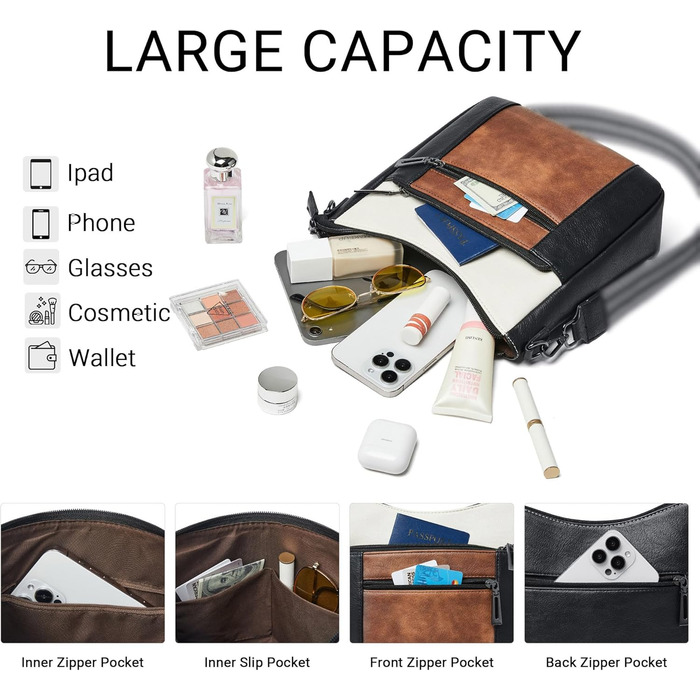 Сумка жіноча крос-боді Shrrie з екошкіри, чорно-коричнево-біла, з ременем для подорожей