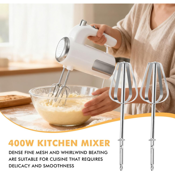 Ручний міксер Handmixer 400W з 5 швидкостями та турбо-функцією, з нержавіючої сталі, для кухні, білий