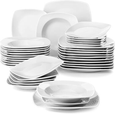 MALACASA Серія Julia, Набір посуду Teller Set 12 осіб, Сучасний KLEIN, 36-ти частинний сервіз з порцеляни, 12 тарілок для їжі, 12 десертних тарілок, 12 супових тарілок сіро-білий, 36 частин