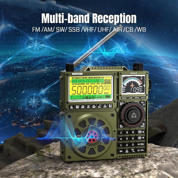 Радіоприймач Raddy RF919 SSB: FM/AM/SW/VHF/UHF/AIR/CB, SSB, з тюнером, 3 роз'єми для антен, 5000mAh, навушник (зелений)