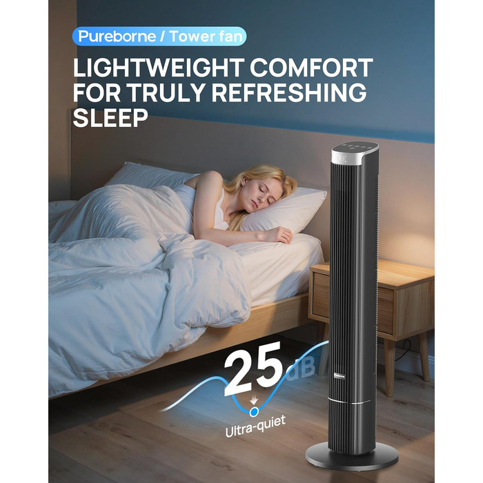Вентилятор Pureborne Leiser: Турбо-вентилятор з осциляцією 90°, Wi-Fi, пульт, 4 режими, таймер 12 год, чорний, 102 см
