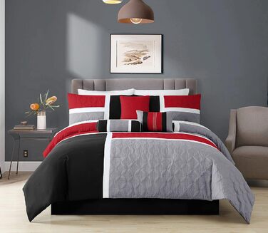 Комплект постільної білизни Chezmoi Collection Upland, 7-piece, Patchwork, для ліжка King Size (Oversized), червоно-сірий-чорний