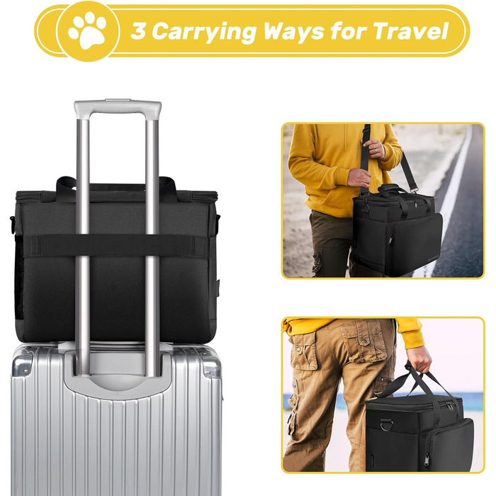 Чорна сумка для собак у подорожі, схвалена авіакомпаніями, з двома складними мисками та кишенькою для ласощів