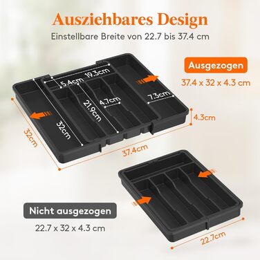 Органайзер для столових приладів Lifewit в шухляду, регульований, пластиковий, 33-57 см, глибина 38 см, чорний