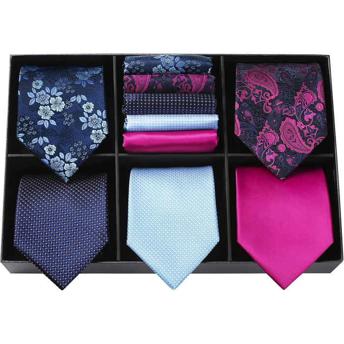 HISDERN Комплект краваток для чоловіків (5 шт.) з кишеньковим хустинкою. Класичні, елегантні краватки з шовку для весілля та особливих випадків. У подарунковій коробці.