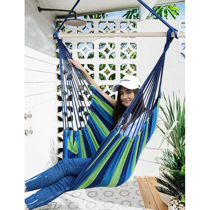 Підвісне крісло-гойдалка Chihee для дому та саду 130x100 см, смугасте (синьо-зелене). Бавовна, високий комфорт, для тераси, двору, саду.