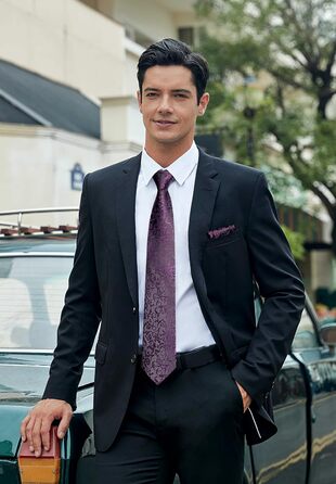 Кравка для чоловіків HISDERN: весільний комплект з краваткою та нагрудною хустинкою в павловій візерунку (фіолетовий)