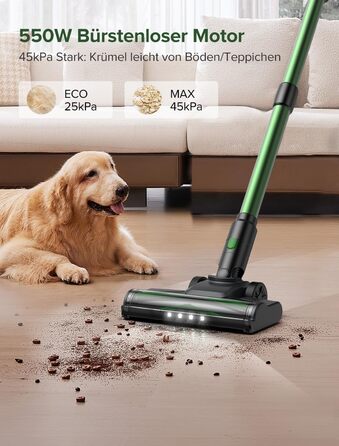 Бездротовий пилосос Vexilar Akku: 60 хвилин роботи, 45 kPa, 550 W, безщітковий мотор, LED дисплей, 6-в-1, тихий, для дому/авто, тверді підлоги, килими, шерсть тварин, зелений