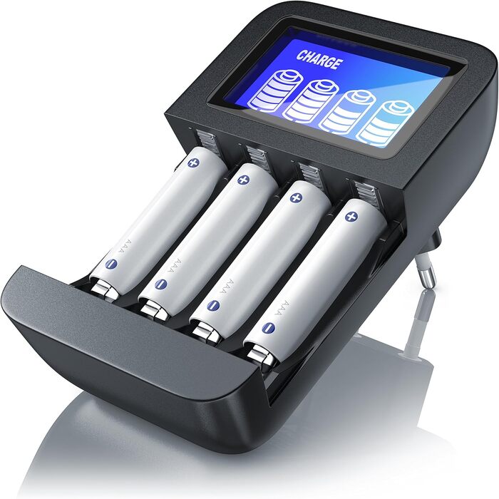 Зарядний пристрій CSL для акумуляторів AA/AAA NiMH з LCD-дисплеєм, 4 слоти, чорний