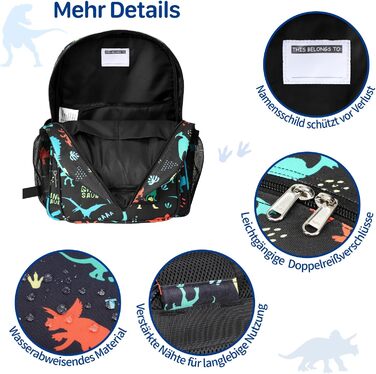 Дитячий рюкзак Bagseri для дівчаток 15L, легкий рюкзак для школи, дитячий сад та 1-2 класи, з нагрудним ременем та ізотермічним відділенням, формат DIN A4, з світловідбиваючими елементами (чорний динозавр)