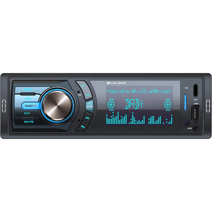 Автомагнітола Caliber 1DIN Bluetooth, DAB+/FM, 4x75 Вт, USB, MicroSD, зарядка 2.1A, Aux-in, гучний зв'язок, зовнішній мікрофон, RCA вихід, антена DAB+, підтримка MP3/WMA/APE/FLAC/AAC