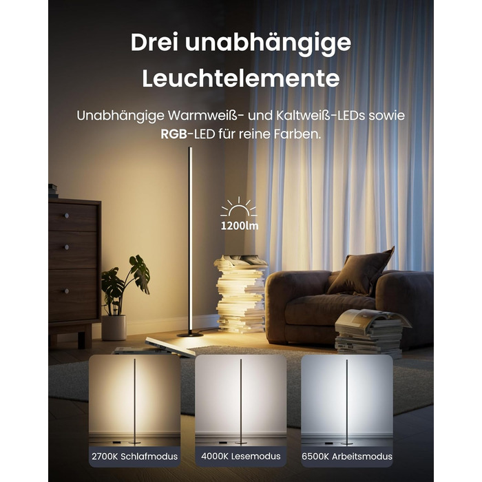 SwitchBot LED торшер для вітальні з RGBCC, керування через додаток, сумісний з Apple Home, Alexa, Google Home, чорний, з режимами сцени та музики