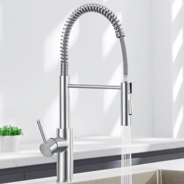 Змішувач кухонний CECIPA з витяжною насадкою, висувний, з двома режимами струменя, поворотний на 360°, одноlever, нержавіюча сталь, срібло