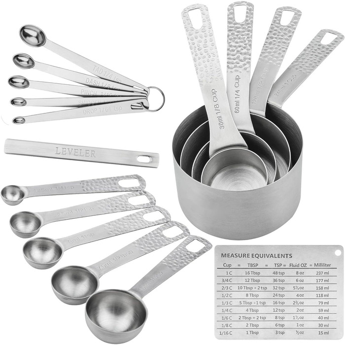 Smithcraft Measuring Cup and Spoon 16-Piece Set, 18/8 Stainless Steel, 4 Cups + 10 Spoons + 1 Leveler + 1 Equivalent, Silver