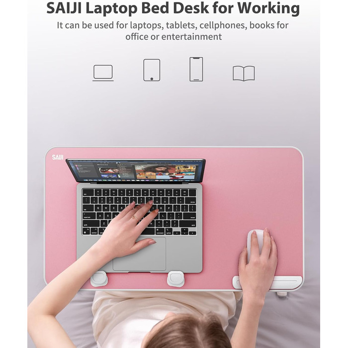 SAIJI Підставка для ноутбука на ліжко - регульована висота, складний столик для дивану/підлоги, для роботи/навчання/читання/їжі, підходить для ноутбуків до 17 дюймів (52*30 см), Рожевий