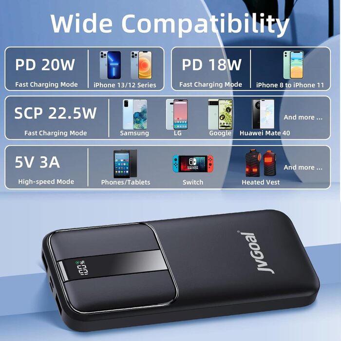 Power Bank JVGoal 10000 mAh USB-C PD 18W з LCD-дисплеєм для iPhone, Nintendo Switch, Tablets